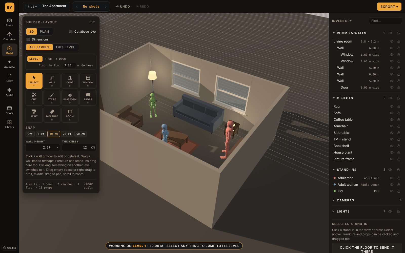 The Build page: a furnished living room seen from above, with building tools on the left and the inventory of rooms, walls, objects and stand-ins on the right.