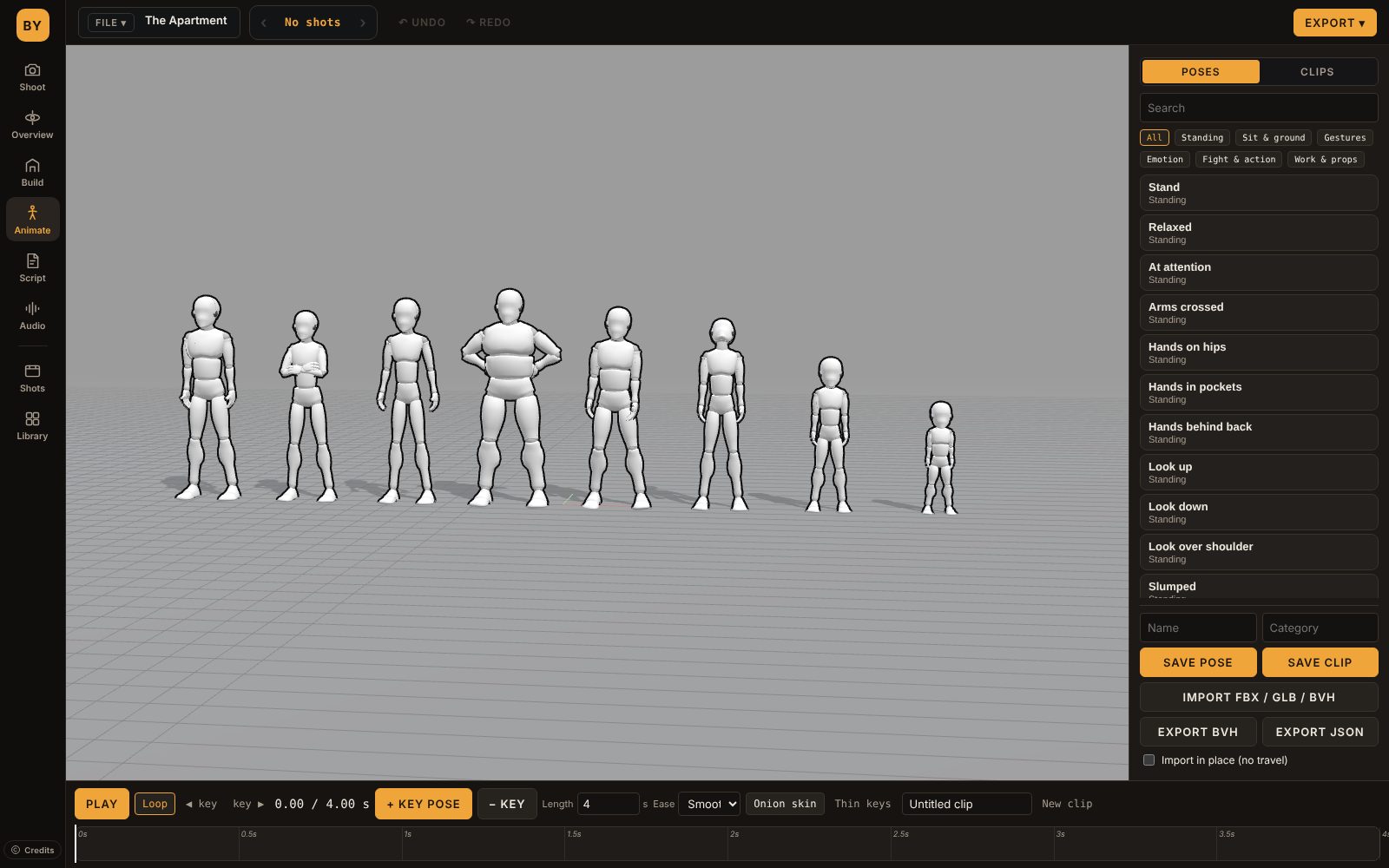 The Animate page: eight mannequin body types standing in a row, from large adult to toddler, with the pose library on the right.