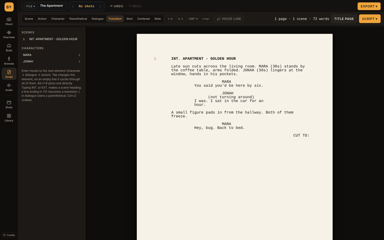 The Script page: a formatted screenplay scene on a page, with the scene and character list on the left.